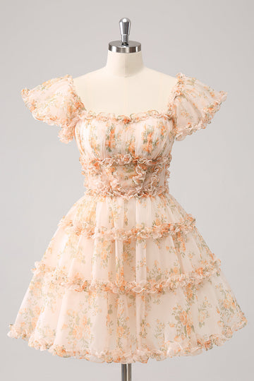 Vestido de cóctel de tul con volantes y estampado floral amarillo